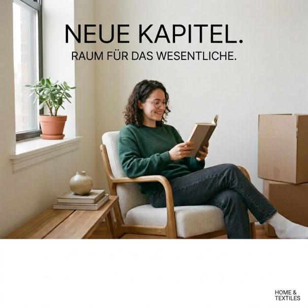 Junge Frau liest im Sessel in neuer Wohnung neben Umzugskartons:KI-generiertes Werbebild für Makler und Immobilien.