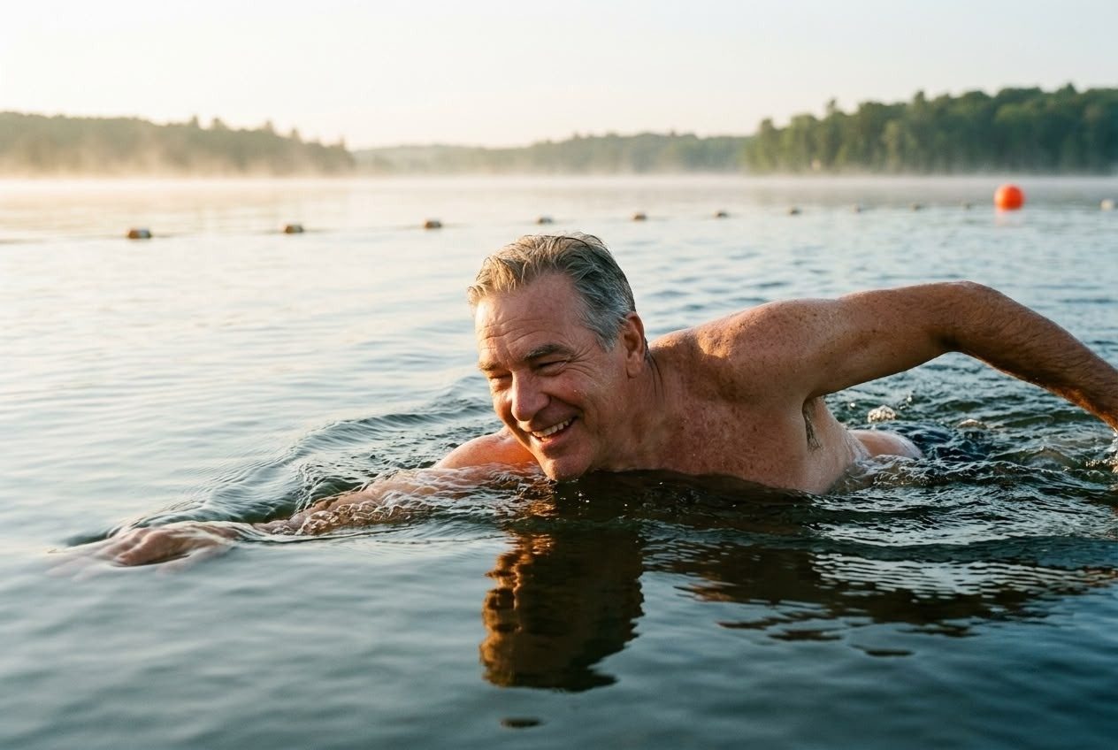 Best Ager schwimmt lächelnd im offenen See – KI-Werbebild für Freibäder und aktive Senioren.