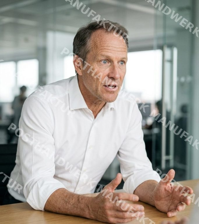 Businessman in white shirt speaking at a conference table in a glass-fronted office, AI-generated image for corporate, finance, B2B content.