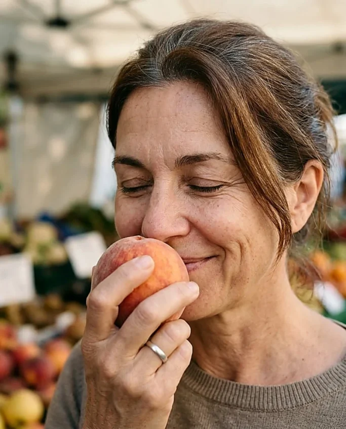 Woman enjoying scent of peach at weekly market – AI-generated image for retail and gastronomy brands.