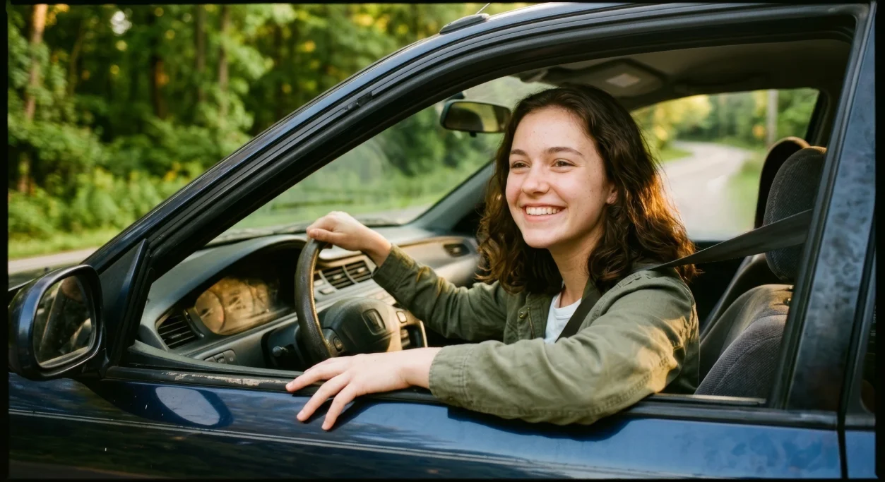 Woman smiling with her arm out the car window while driving – AI ad image for automotive and travel brands.