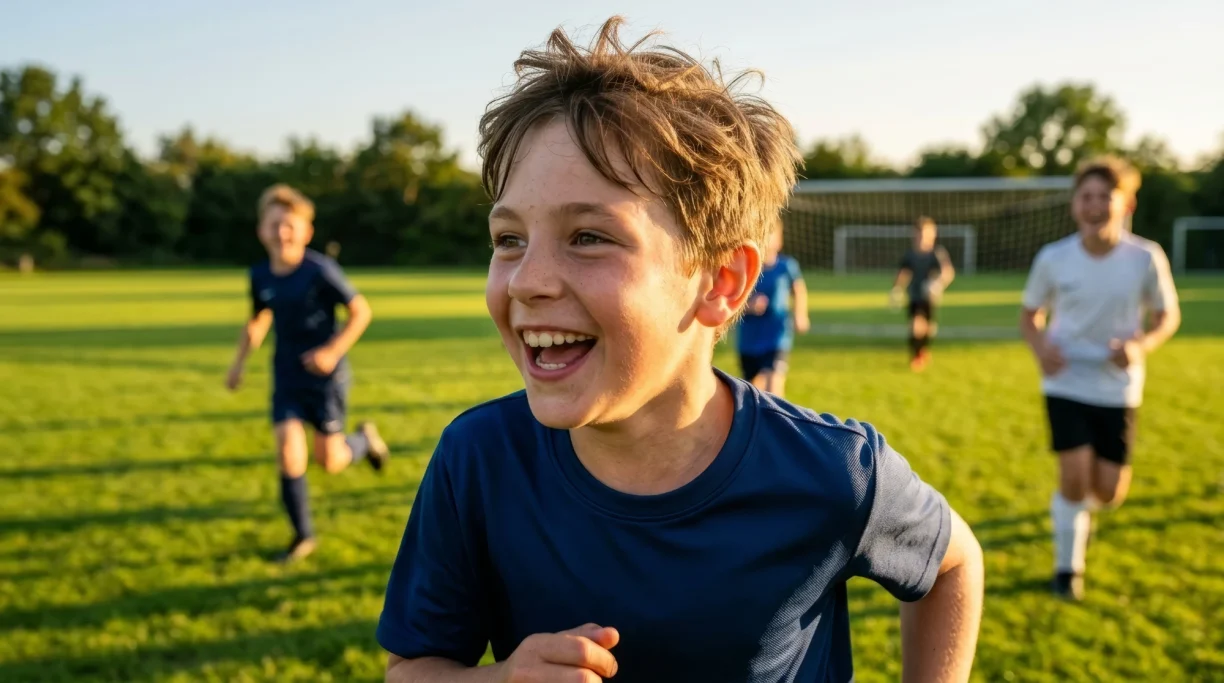 Boy laughing while playing football on the pitch – AI ad image for sports clubs and youth sport.