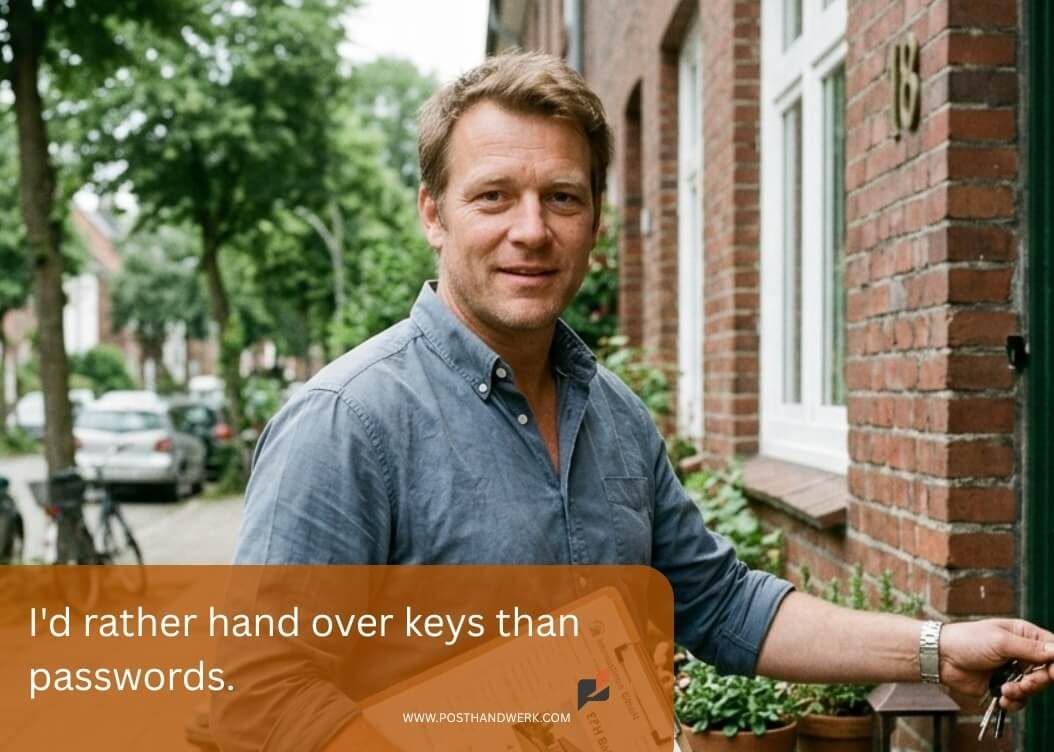 Friendly real estate agent standing in front of a house – AI-generated lifestyle content for property management and real estate marketing.