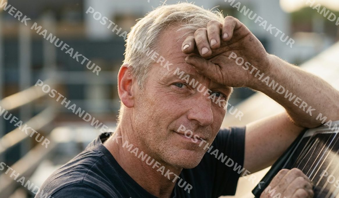 Man leaning casually outdoors with a thoughtful expression, AI-generated portrait for trades, service business and personal brand marketing.