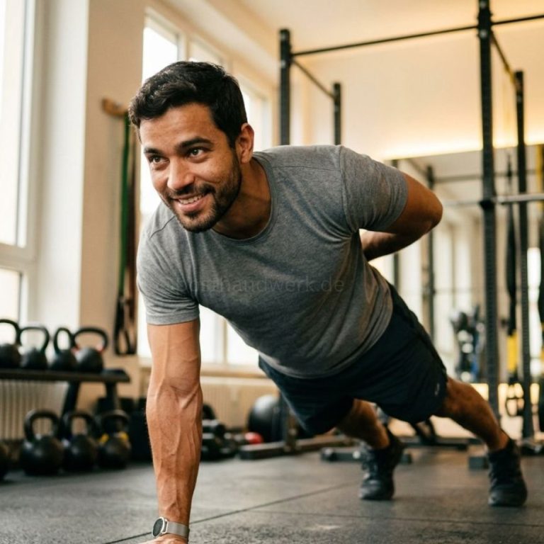 Mann lacht beim Workout im Gym – KI-Werbefoto von Posthandwerk für Fitnessstudios, Sport und Personal Training.