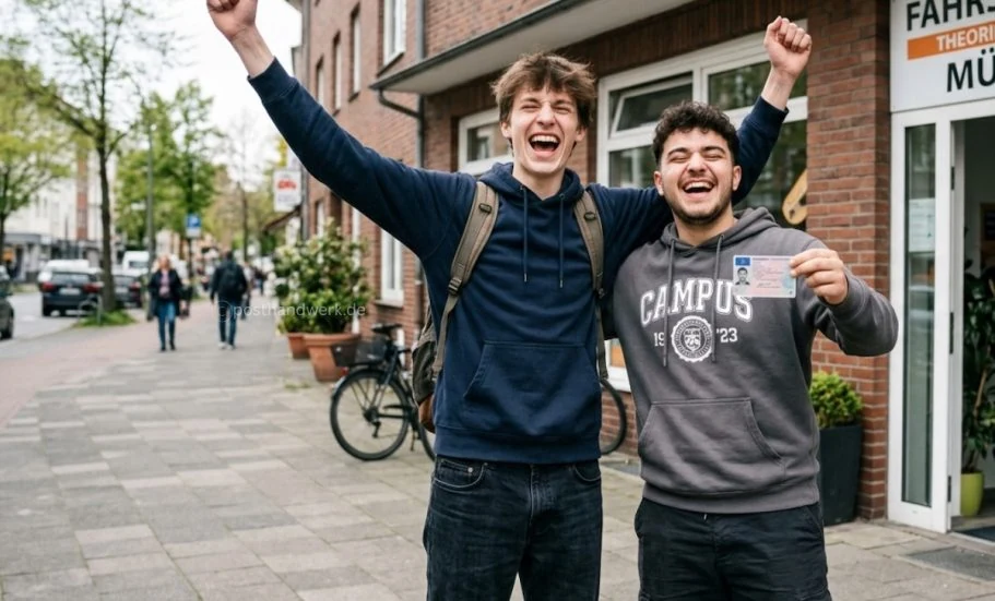 Dynamic AI-generated lifestyle image of two men cheering outdoors, engaging social media marketing content.