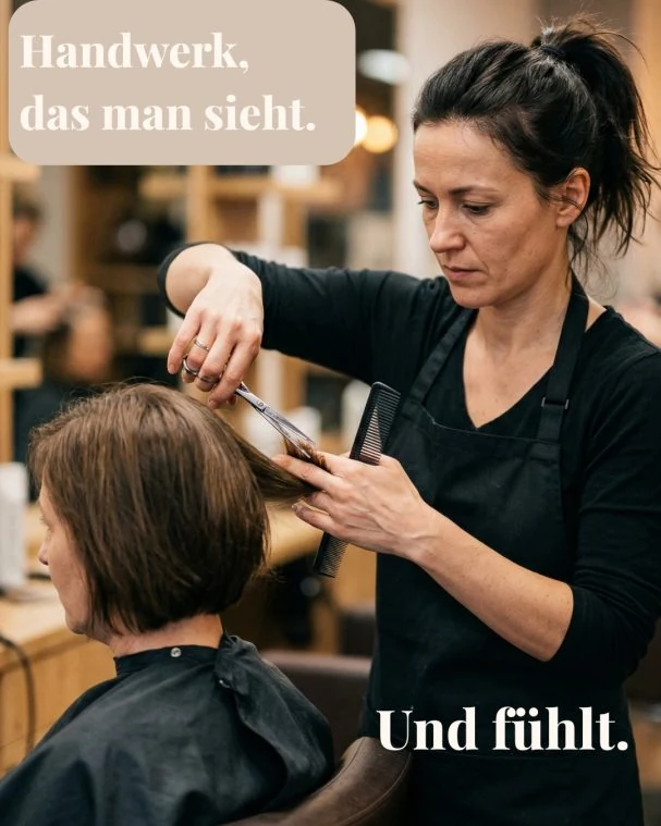 Friseurin schneidet Haare:
Friseur und Hairstyling, handwerkliche Qualität auf Social Media zeigen.