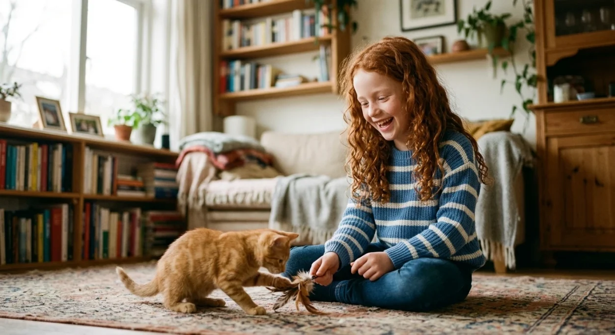 Girl playing with the cat in a cozy living room – AI ad image for home and pet supply brands.