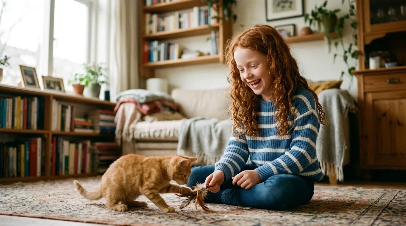 Mädchen spielt mit der Katze im gemütlichen Wohnzimmer – KI-Werbebild für Zuhause und Haustierbedarf.