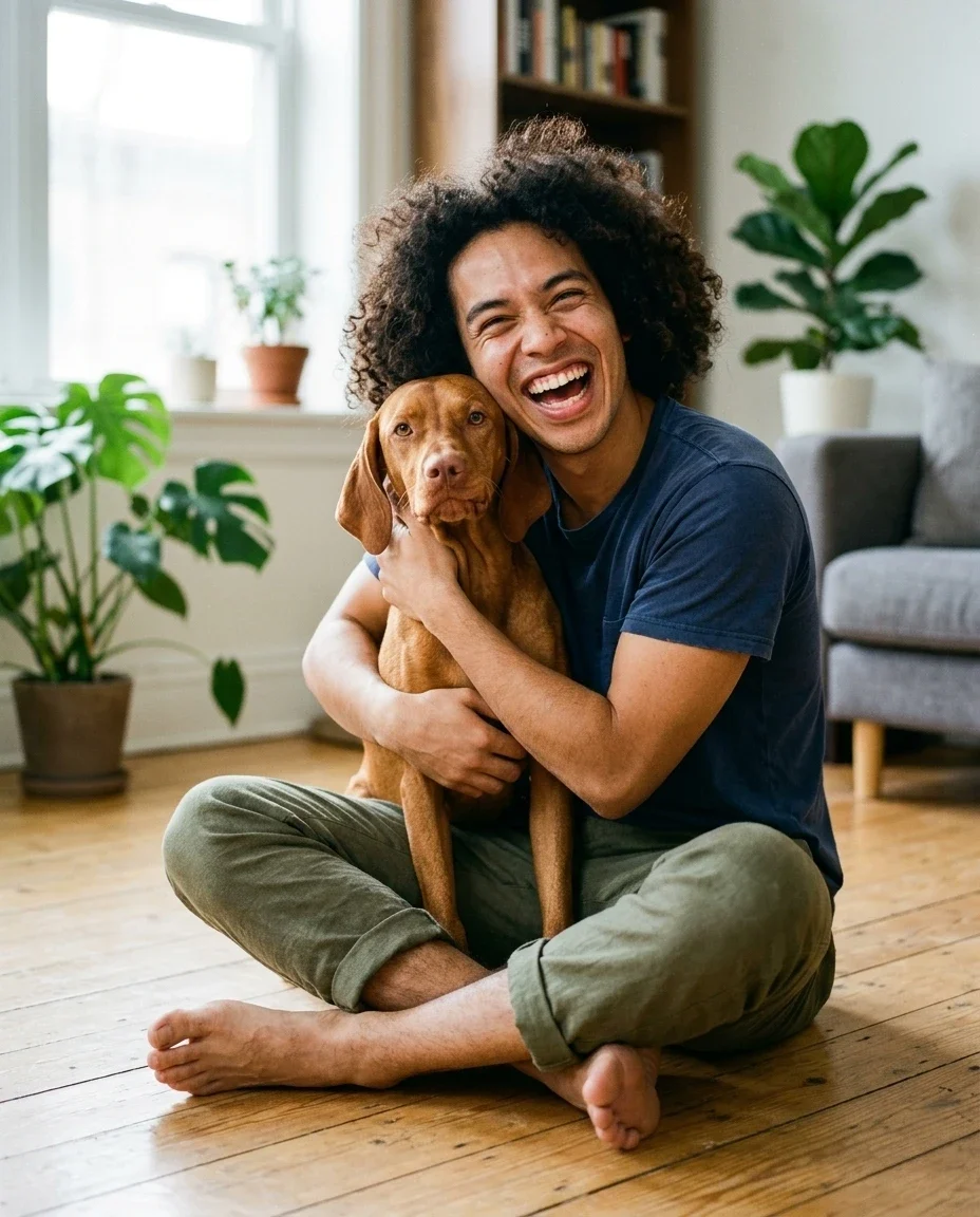 Mann lacht mit seinem Hund auf dem Wohnzimmerboden – KI-Werbebild für Haustierbedarf und Zuhause.