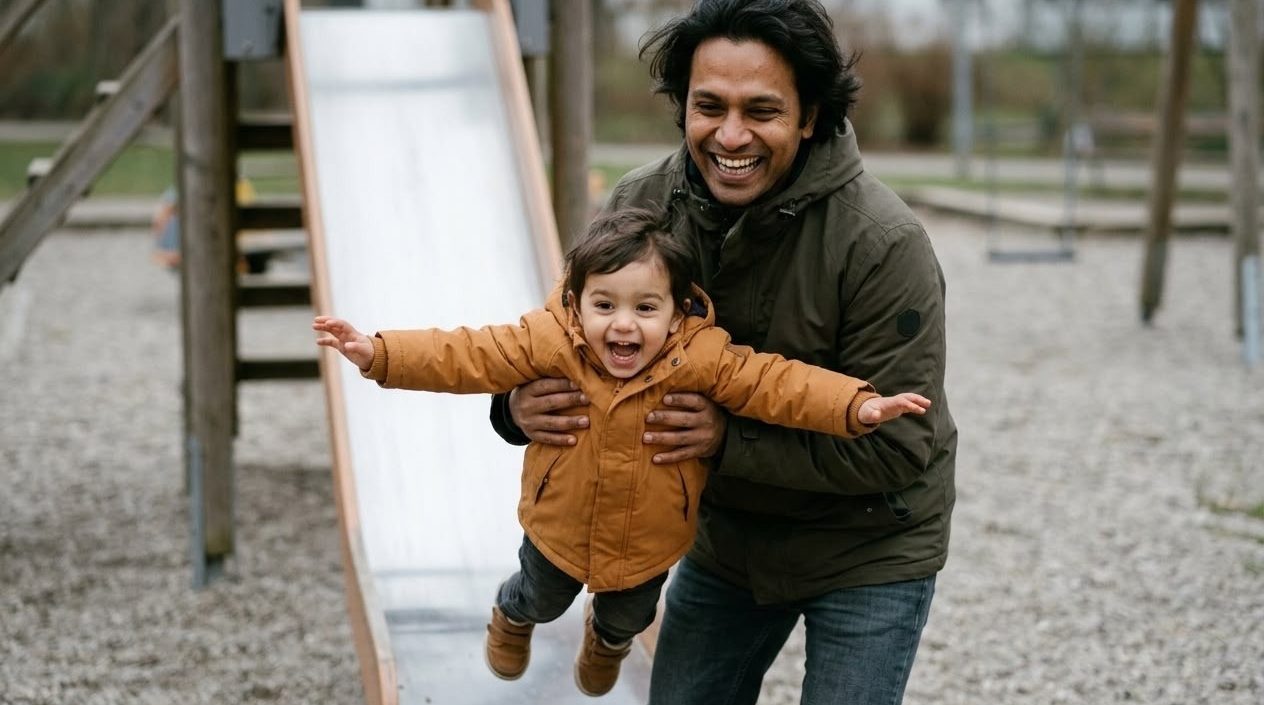 Vater schwingt lachend sein Kind auf dem Spielplatz – KI-Werbebild für Familie und Freizeit.