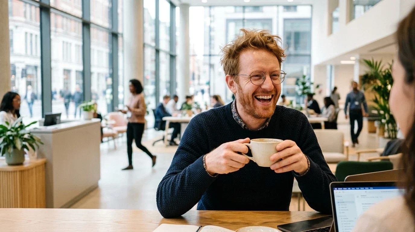 Lachender Mann mit Kaffeetasse an einem Stehtisch im Empfangsbereich, im Gespräch mit einer Frau am Laptop – KI-Werbebild für Beratung.