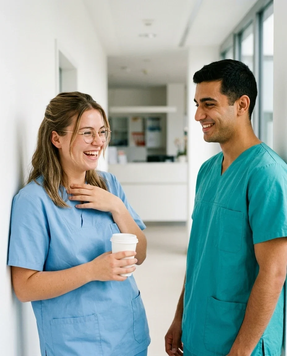 Pflegekräfte unterhalten sich lachend im Klinikflur – KI-Werbebild für Kliniken und Pflegeeinrichtungen.