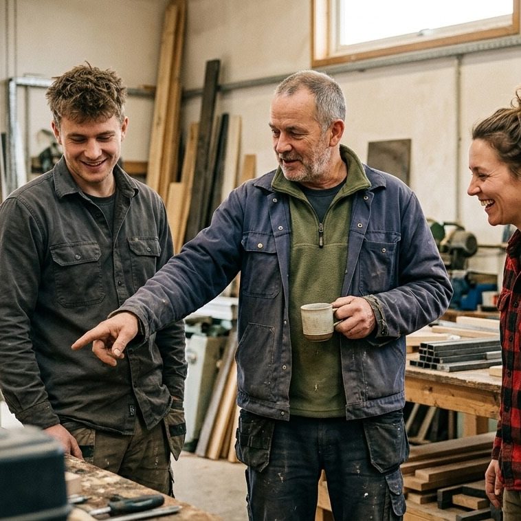 Meister erklärt zwei Azubis die Arbeit in der Werkstatt – KI-Bild von Posthandwerk für Handwerk, Ausbildung und Recruiting.