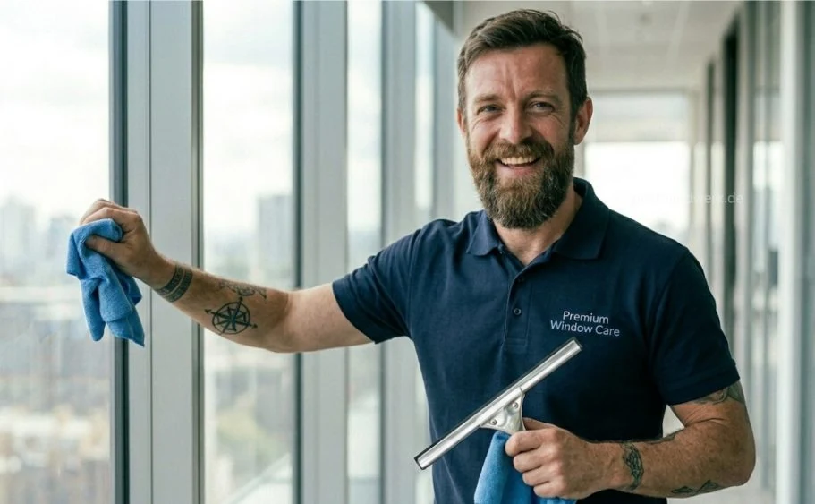 Friendly window cleaner holding a squeegee, AI-generated professional marketing imagery for local businesses.
