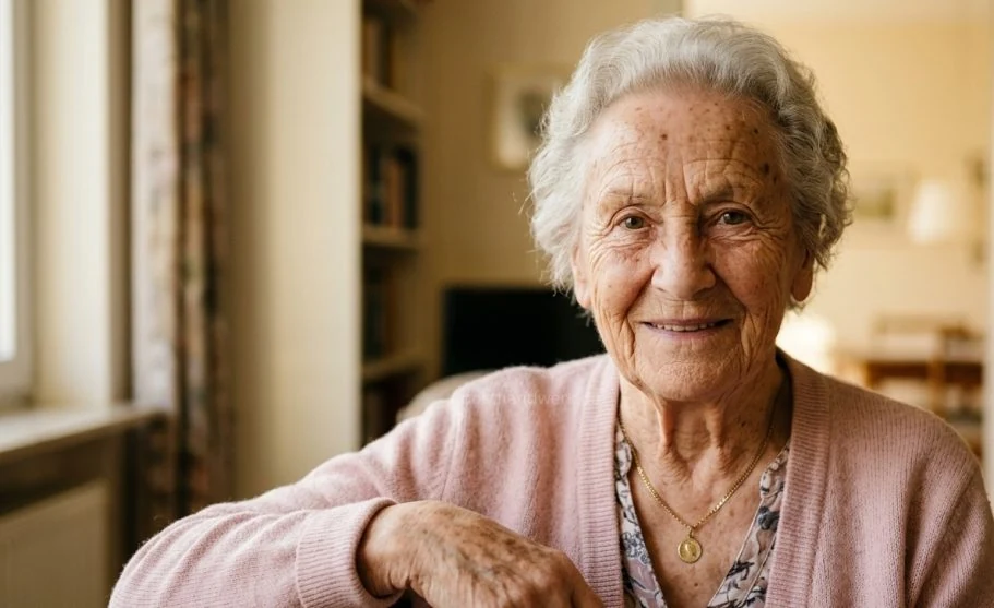 Portrait of a smiling senior woman wearing a pink cardigan, compassionate content for care services and social media, AI-generated imagery.