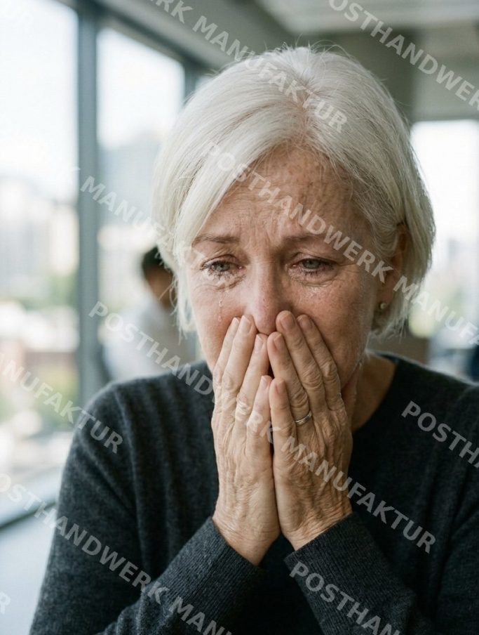 Older woman with emotional expression, character image for empathetic and social cause marketing.