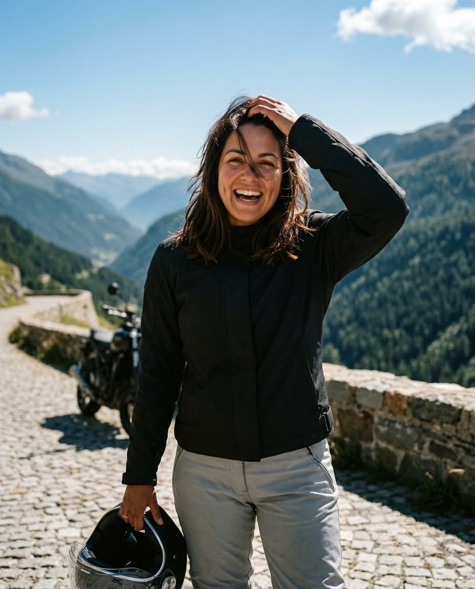 Frau lacht mit Motorradhelm auf kurviger Bergstraße – KI-Werbebild für Motorräder und Reisen.