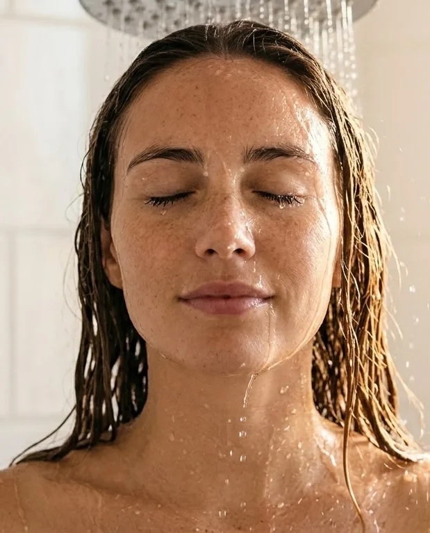 Frau genießt Regendusche – KI-generiertes Werbebild für Beauty, Wellness und Pflegeprodukte.