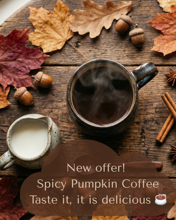 Cozy autumn flatlay with coffee, milk, and seasonal leaves – aesthetic AI-generated product photography for cafes and food blogs.