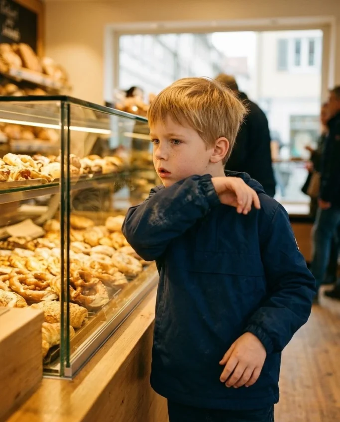 Boy looking at pastries in a bakery display – AI ad image for bakeries and cafés.