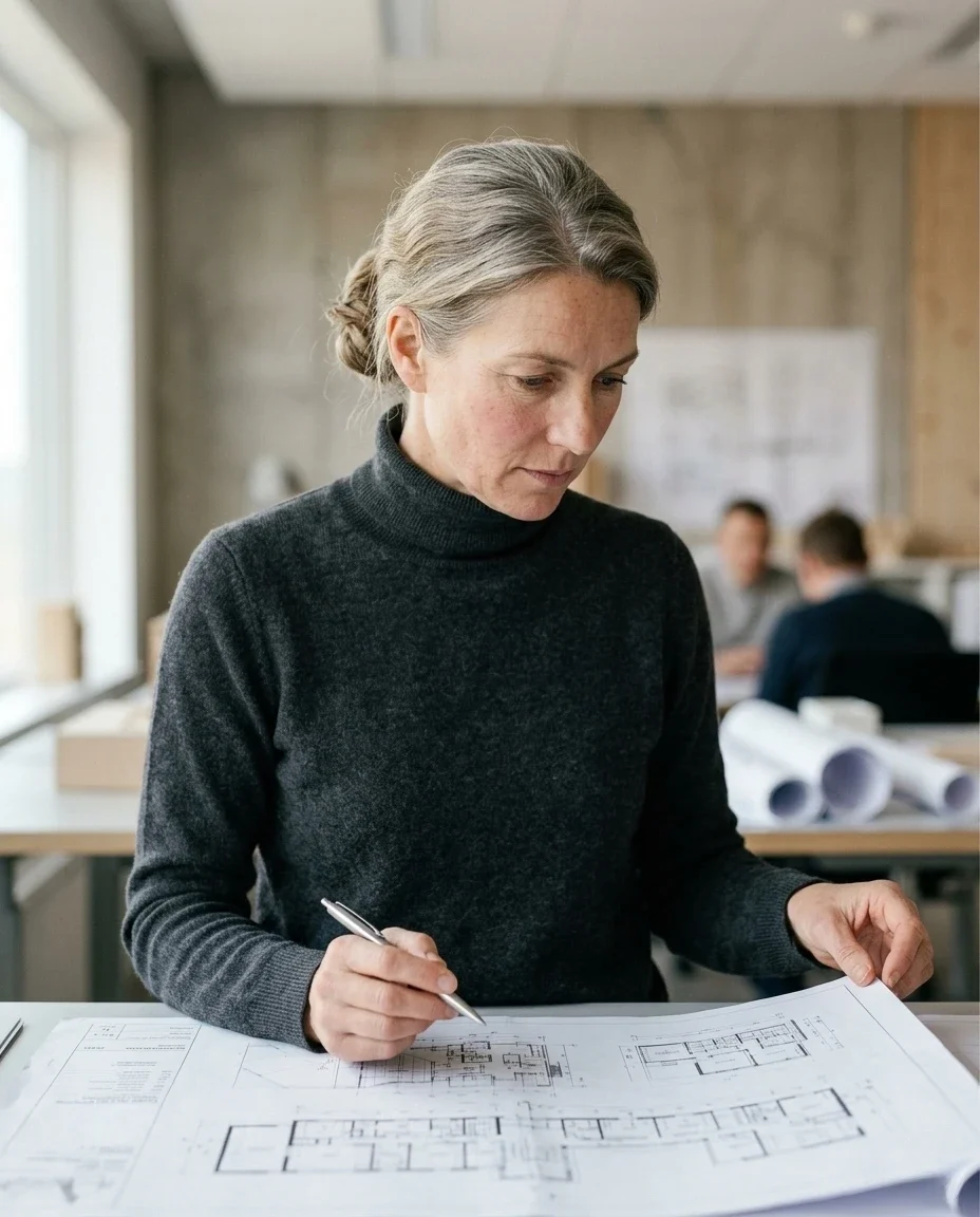Architektin prüft konzentriert Baupläne im Büro – KI-Werbebild für Architektur und Planungsbüros.