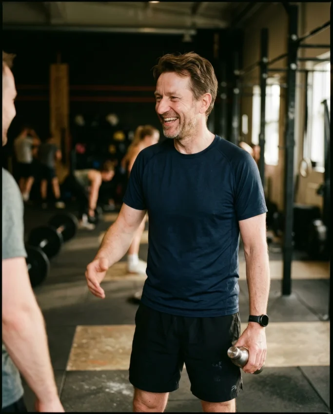 Man smiling in the gym with others working out in the background – AI ad image for fitness and sports studios.