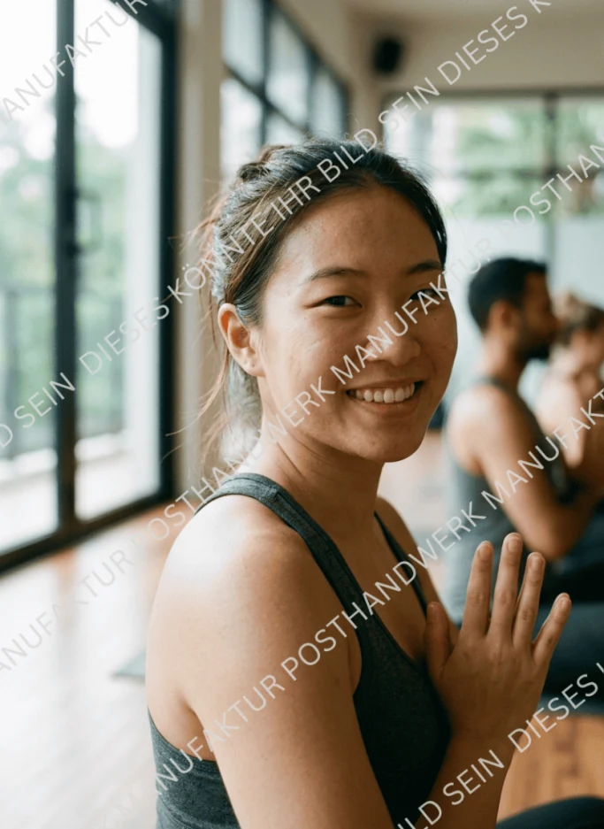 Smiling woman in yoga class, AI image for yoga studios, fitness and
wellness brands.