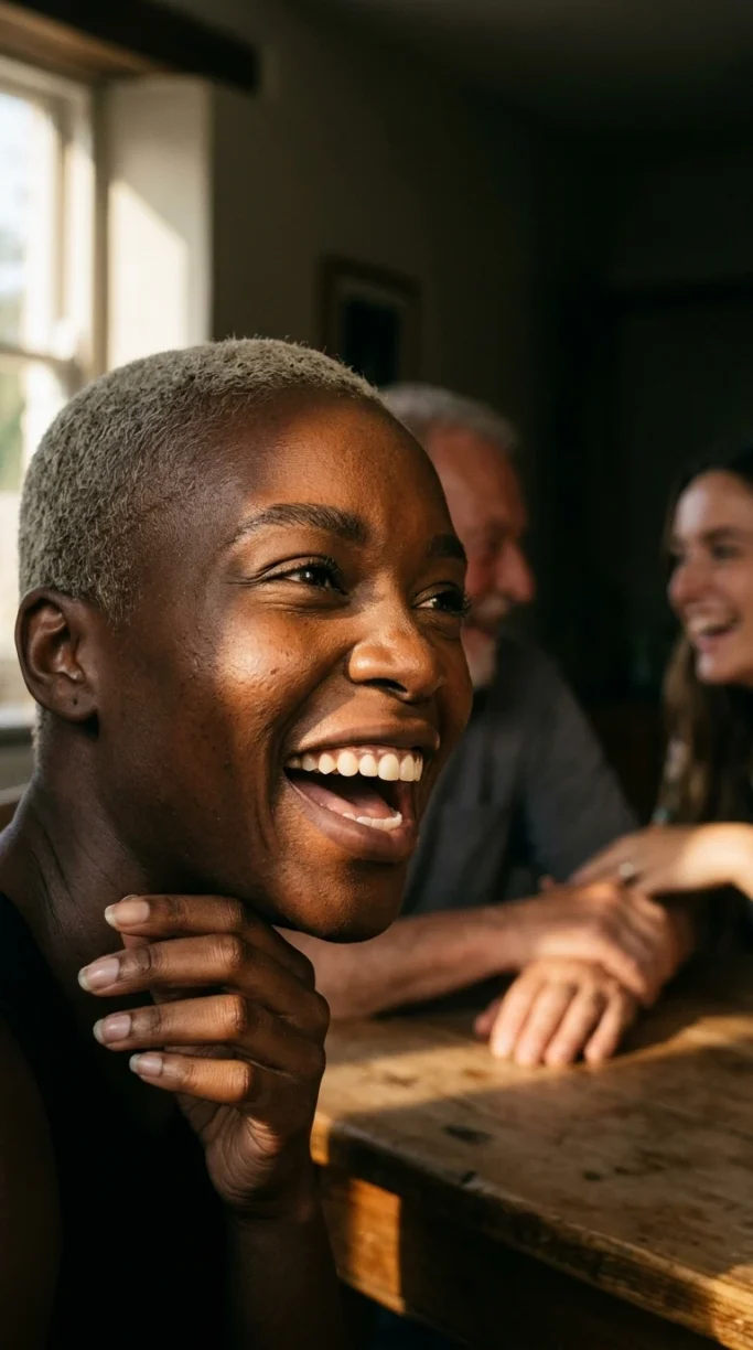 Woman laughing warmly with friends at a wooden table – AI-generated lifestyle image for authentic brand storytelling.