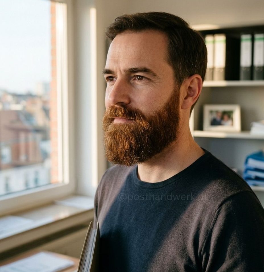 Mann mit braunem Vollbart schaut nachdenklich aus dem Bürofenster – fotorealistisches KI-Bild von Posthandwerk für IT und Beratung.