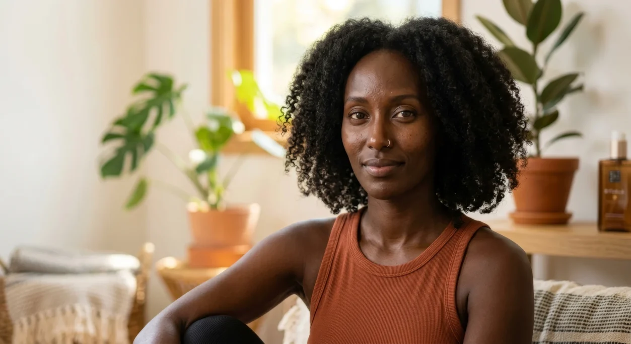 Portrait of a smiling woman in her living room – AI ad image for lifestyle and home brands.