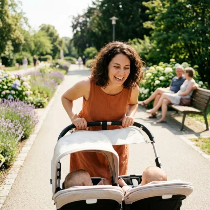 Mother laughing while pushing a double stroller through a park – AI ad image for family and baby product brands.