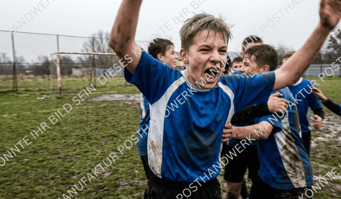Youth football team celebrating on the pitch, AI image for sports clubs
and association marketing.