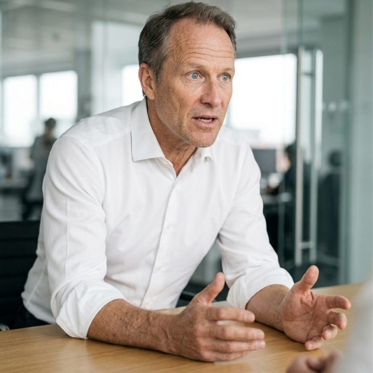 Geschäftsmann im Gespräch am Konferenztisch – KI-Werbebild für B2B, Beratung und Unternehmenskommunikation.
