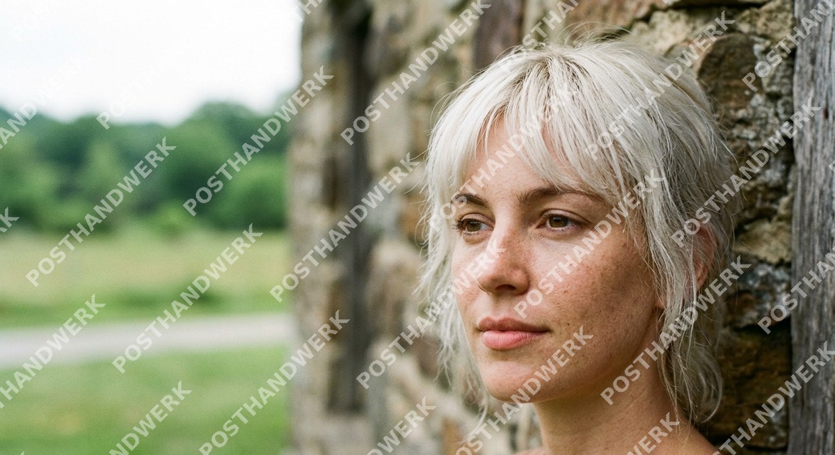 Blonde Frau lehnt nachdenklich an Steinmauer – KI-Bild von Posthandwerk für Coaching, Wellness und Lifestyle.