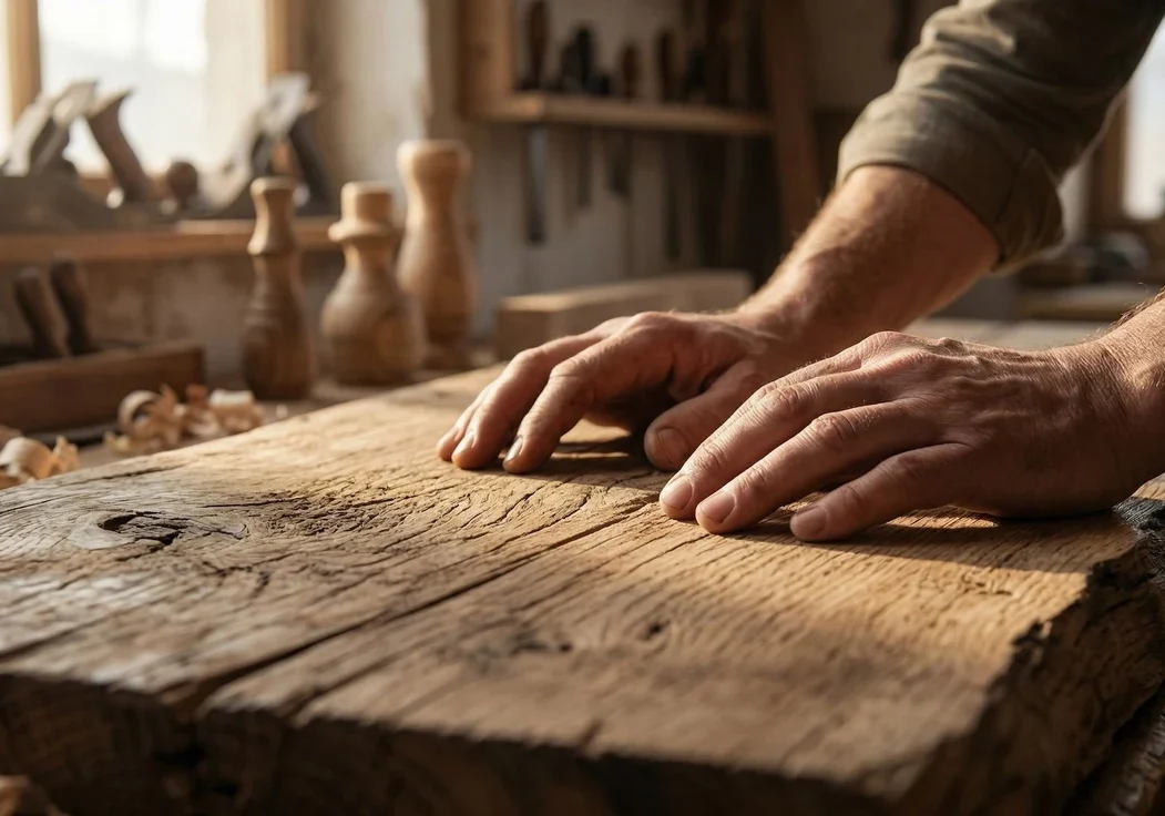 Handwerker-Haende auf rauem Holz, KI-Detailbild fuer Tischlerei und holzverarbeitendes
Handwerk.