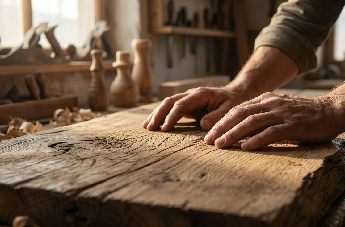 Close-up of a craftsman's rugged hands resting on detailed, weathered wood – authentic AI-generated imagery for trades.