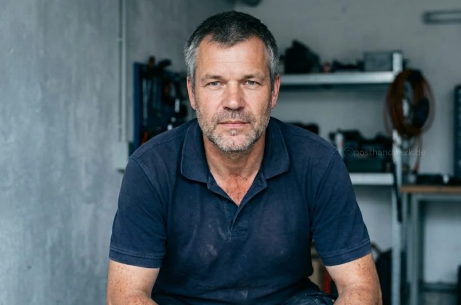 AI-generated portrait of a focused craftsman in a workshop, authentic content for the trades industry.