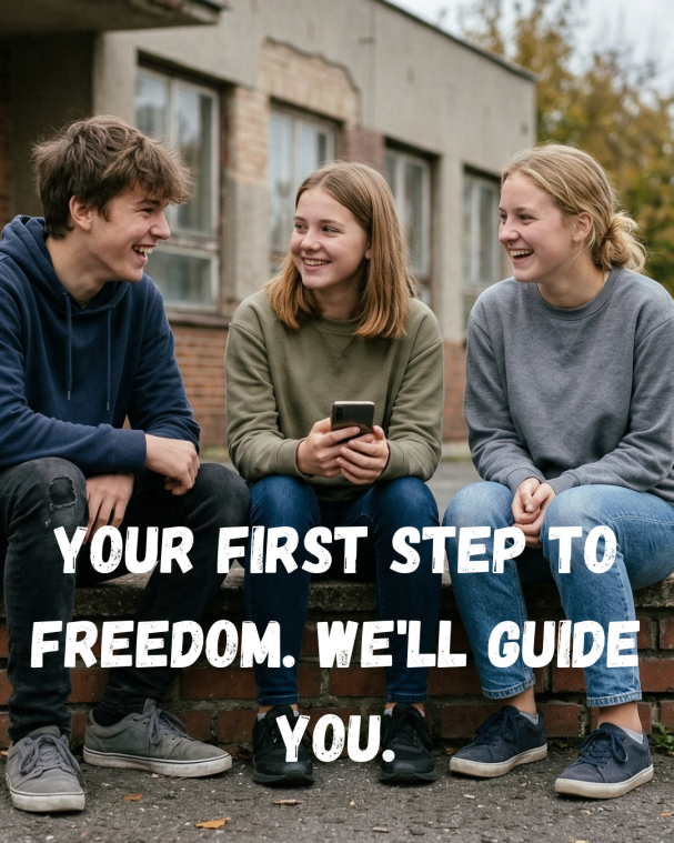 Group of young adults talking and smiling outdoors – engaging AI-generated imagery for recruiting, employer branding, and education.