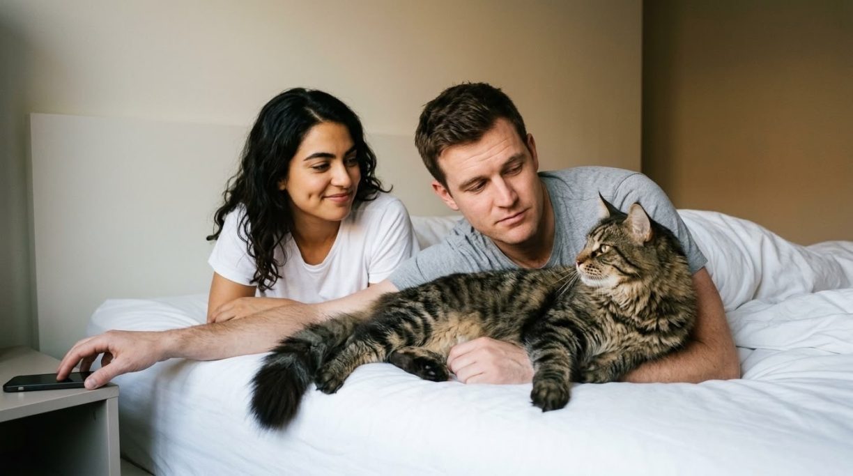 Couple cuddling with their cat in bed – AI ad image for home, living and pet brands.