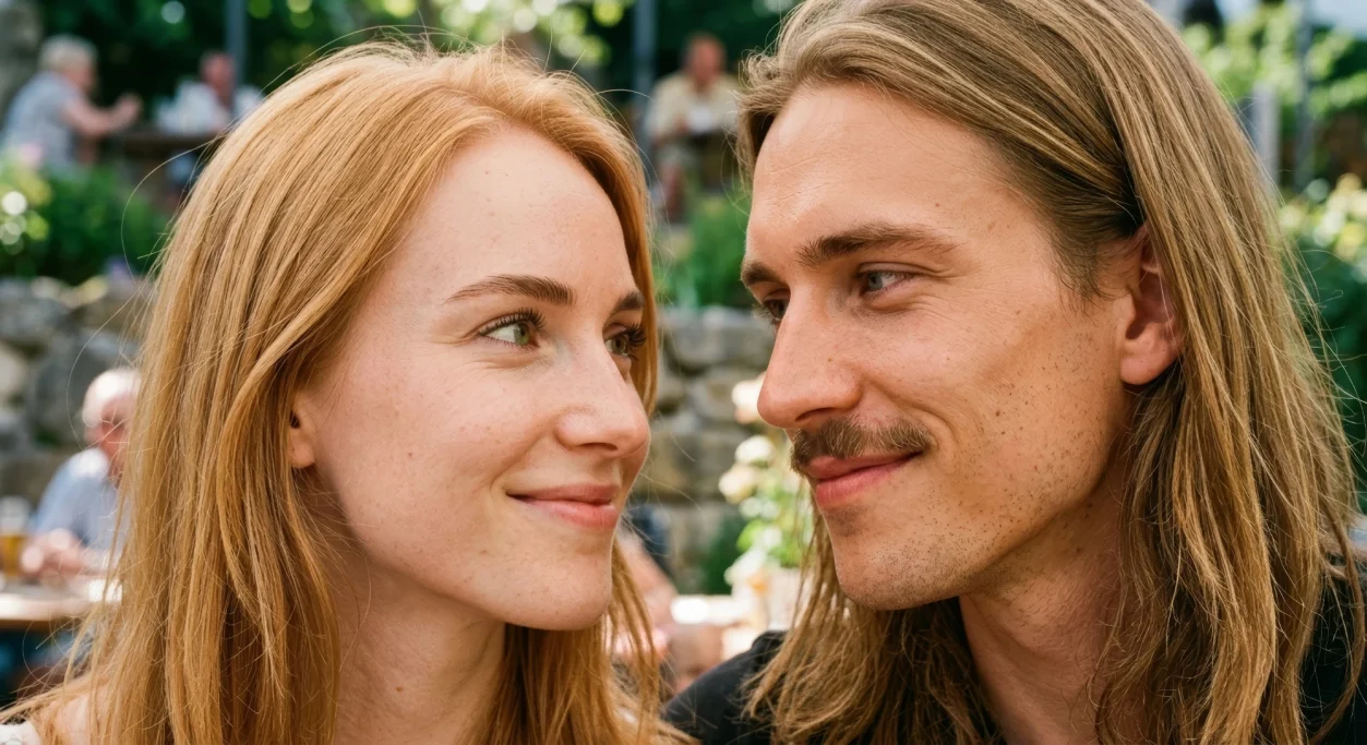 Young couple smiling cheek to cheek outdoors – AI ad image for lifestyle and relationship brands.