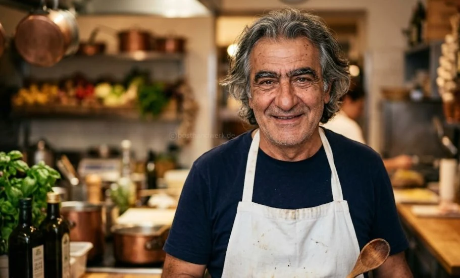Authentic AI-generated portrait of a smiling artisan wearing a white apron in his workspace.
