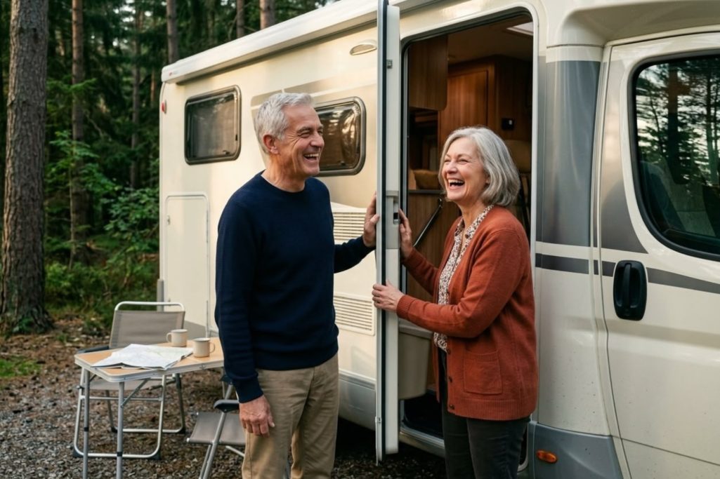 Senior couple laughing at the door of their campervan in the forest – AI ad image for camping and motorhome brands.