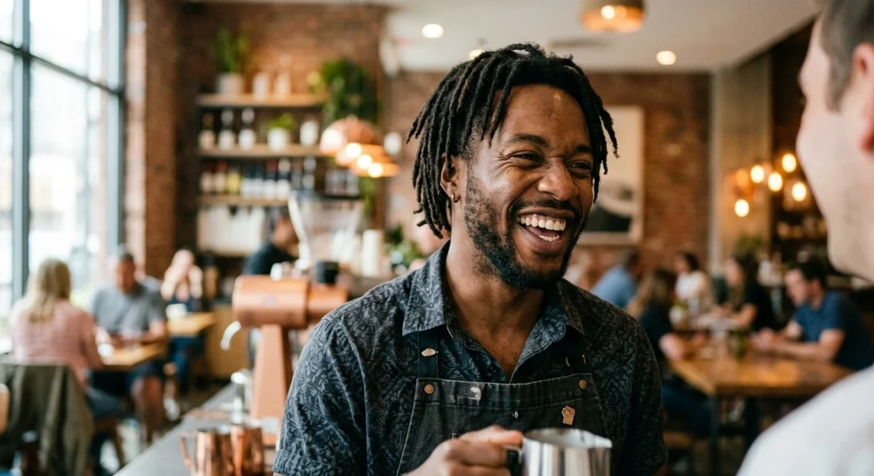 Man smiling with a coffee mug in a cozy café – AI ad image for cafés and hospitality brands.
