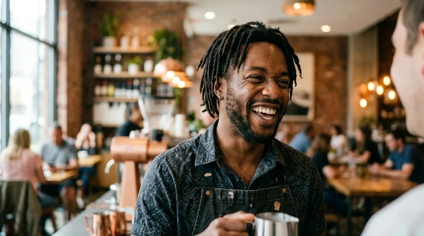 Mann lächelt mit Kaffeetasse im gemütlichen Café – KI-Werbebild für Gastronomie und Cafés.