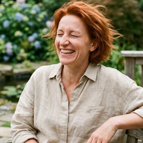 Portrait einer entspannten Frau nach Feierabend – authentisches KI-generiertes Charakterbild für Social-Media-Content.