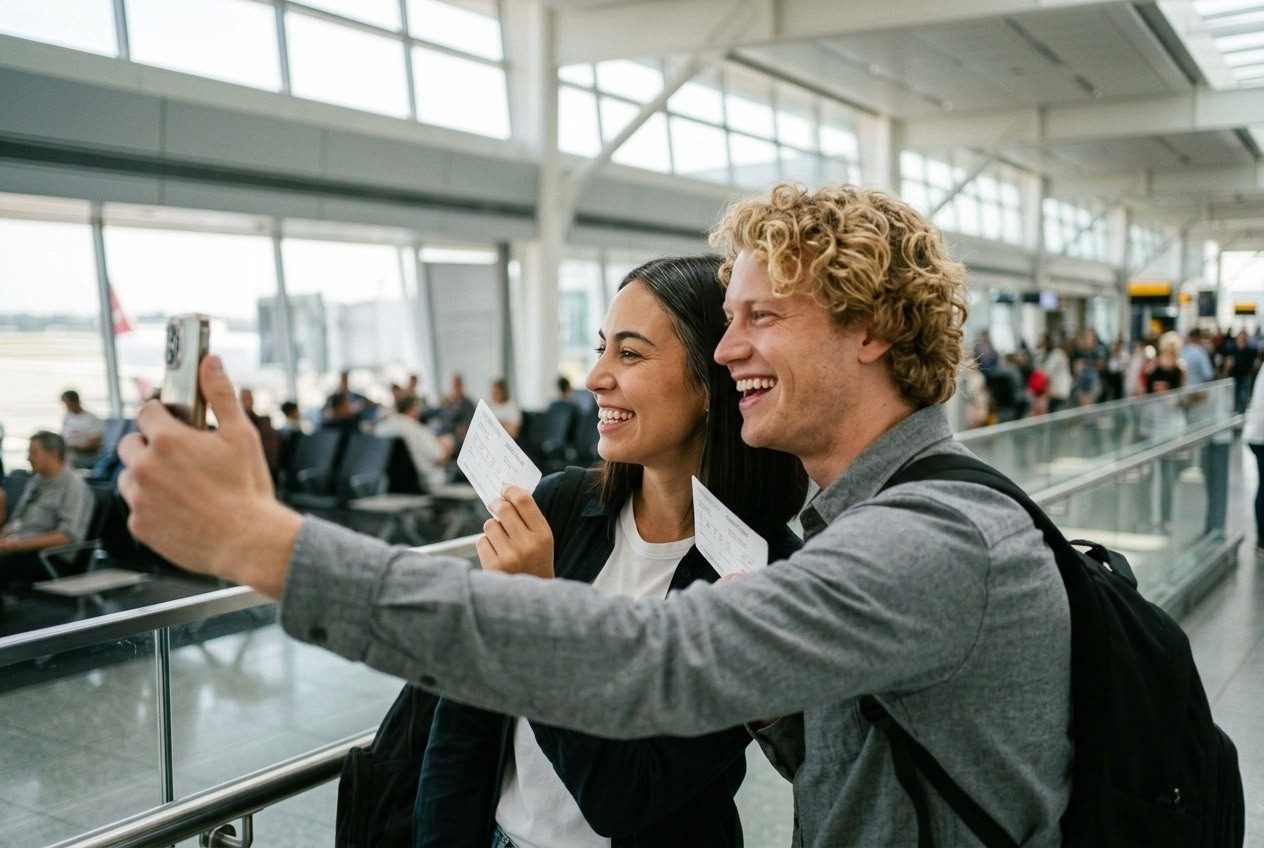 Zwei Freunde machen ein Selfie am Flughafen – KI-Werbebild für Reisen und Tourismus.