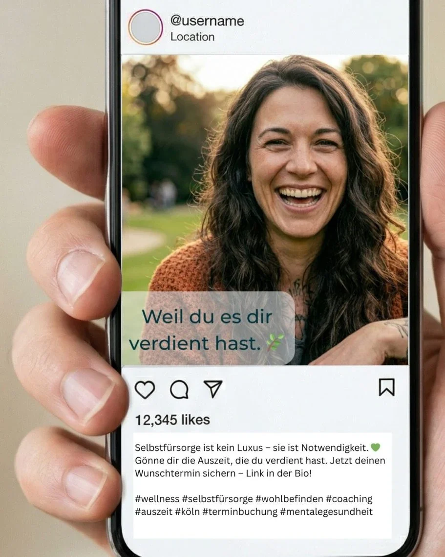 Smartphone mit Instagram-Post einer lachenden Frau im Park, hochwertiger Social Media Content für Coaching, Wellness und Gesundheit.
