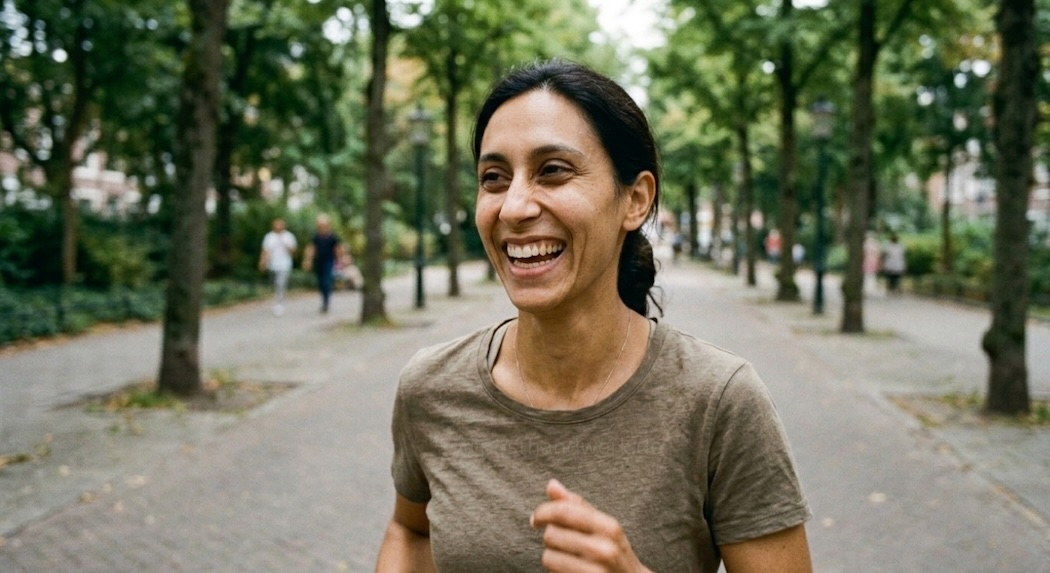 Same AI brand character jogging in a park – consistent virtual model for lifestyle marketing.