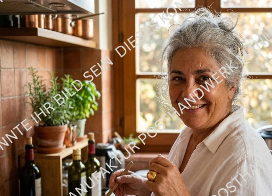 Older female chef laughing warmly in her kitchen, AI image for
gastronomy and personal branding.